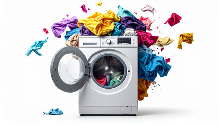 Washing machine with colorful crumpled clothes isolated on white backgroundの素材