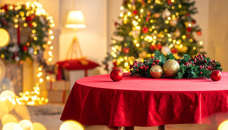 Christmas table with decorations on background of Christmas tree and lights. Christmas and New Year conceptの素材