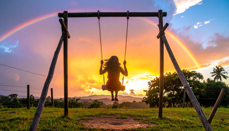 Silhouette of a girl swinging on a swing at sunset.の素材