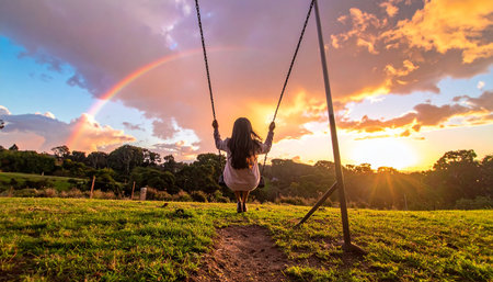 Girl swinging on a swing at sunset in the countryside of Brazil.の素材