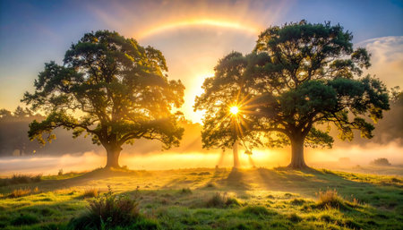 Sunrise over a misty meadow with trees in the foregroundの素材