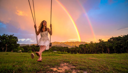 Beautiful woman swinging on a swing with a rainbow in the backgroundの素材