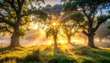 Sunrise in the misty woods of Galicia, Spain.の素材