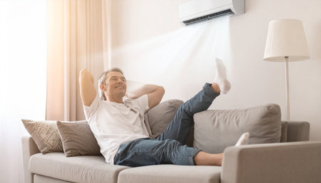 Senior man relaxing on sofa with air conditioner in the living roomの素材