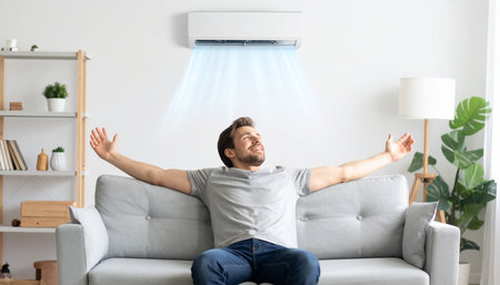 Cheerful young man sitting on sofa at home and enjoying air conditionerの素材