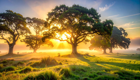 Sunrise over a misty meadow with trees in the foregroundの素材