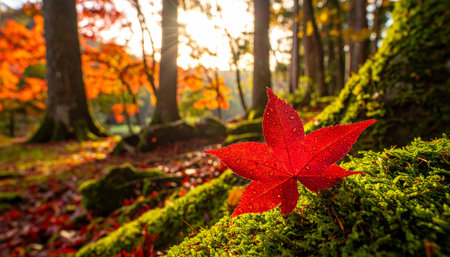 Red maple leaf on moss in autumn forest at sunset, Japan.の素材