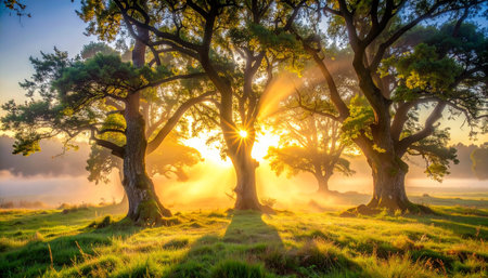 Sunrise in the misty forest with oak trees on the foregroundの素材