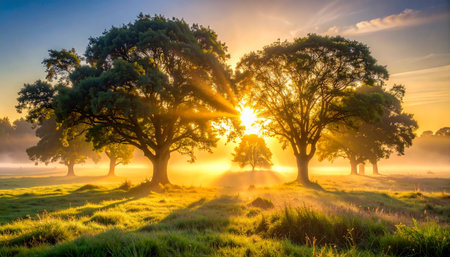 Sunrise over misty meadow with oak trees in the foregroundの素材