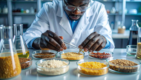 African american scientist working in a laboratory. He is using a pipette and mixing different cereals.の素材