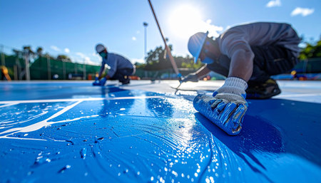 Worker installing a new tennis court on a sunny summer day.の素材