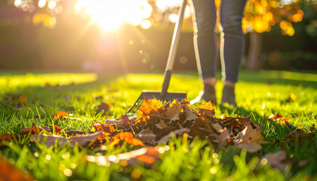 Woman mowing grass with rake in the park on sunny autumn dayの素材