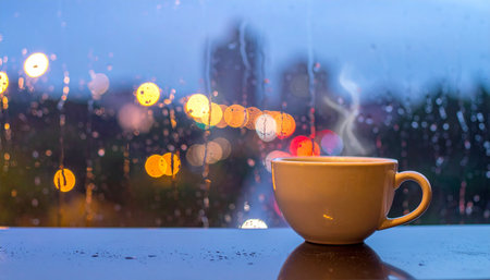 Coffee cup on the rainy window with bokeh backgroundの素材