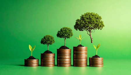 Investment concept, Coins stack with tree on green background, business growthの素材