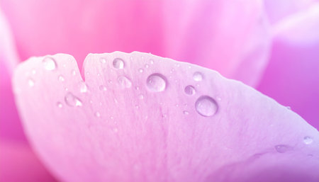 close up of water drops on pink peony petals with copy spaceの素材