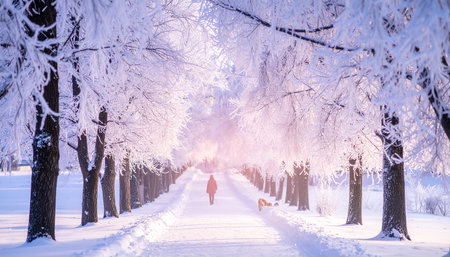 Beautiful winter landscape with snow covered trees and man walking his dogの素材