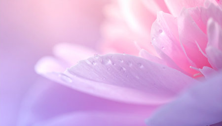 Close up of pink peony petals with water droplets.の素材