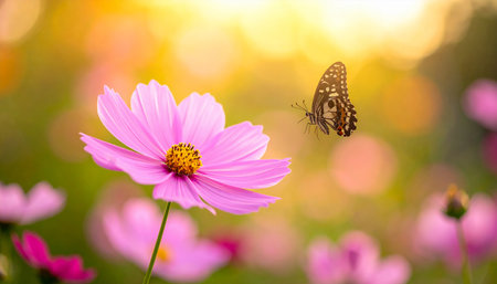 Cosmos flower and butterfly in the garden with soft focus background.の素材