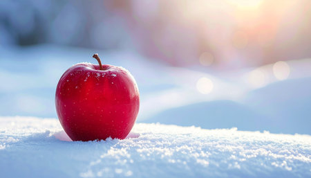 Red apple on snow with bokeh background, shallow depth of fieldの素材