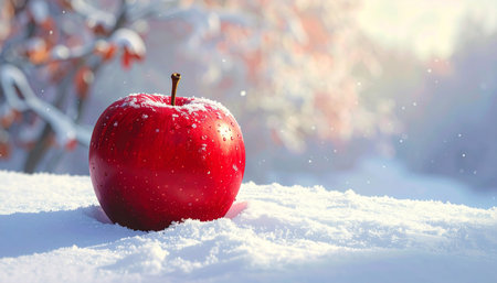 Red apple in the snow on a background of the winter landscape.の素材