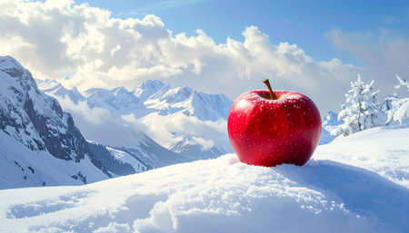 Red apple in the snow against the background of a snowy mountain landscapeの素材