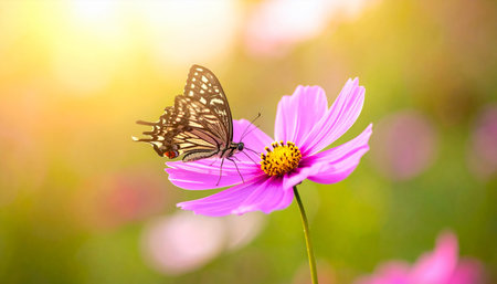 butterfly on cosmos flower in the garden, nature background.の素材