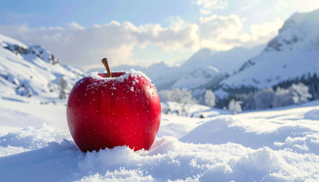 Red apple on the snow in the mountains. Beautiful winter landscape.の素材