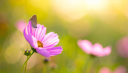 Butterfly on cosmos flower in the garden with sun light.の素材