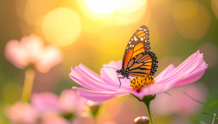 Butterfly on pink cosmos flower in the garden with sunlight backgroundの素材