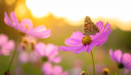 Cosmos flowers with butterfly in the garden at sunset or sunrise time.の素材