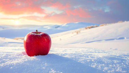 Red apple in the snow. Beautiful winter landscape with red apple.の素材