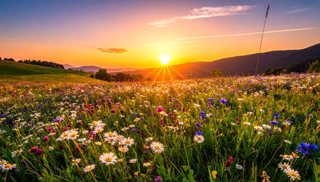 Colorful summer sunrise on the meadow with wildflowers and sunの素材