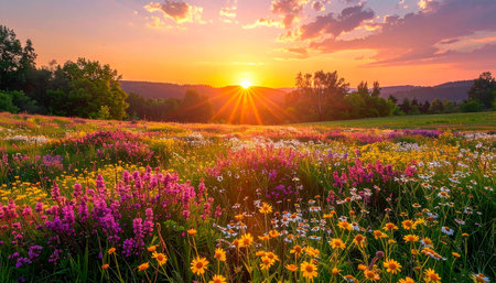 Sunset over a meadow with wildflowers and sun raysの素材