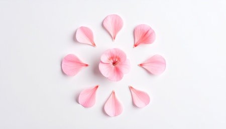 Pink geranium petals on white background. Flat lay, top viewの素材