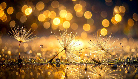 Dandelion seeds with water drops and bokeh background.の素材
