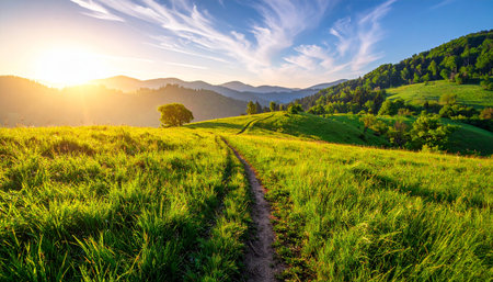 Beautiful summer landscape in mountains at sunset. Carpathian, Ukraine, Europe.の素材