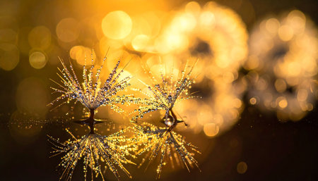dandelion flower with water drops on bokeh background.の素材