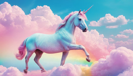 Unicorn with rainbow in the sky. 3D illustration.の素材
