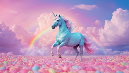 Unicorn with rainbow in the sky. 3d illustration.の素材