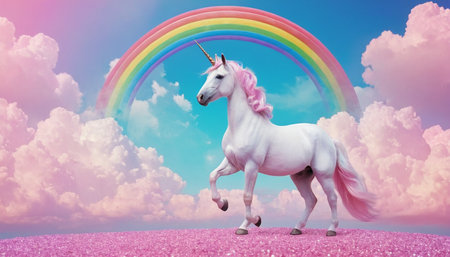 Unicorn with rainbow against pink and blue sky with white cloudsの素材