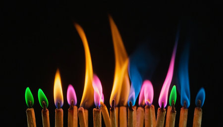 Burning candles on a black background, close-up, selective focusの素材