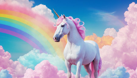 Unicorn with rainbow in the sky against clouds on rainbow backgroundの素材