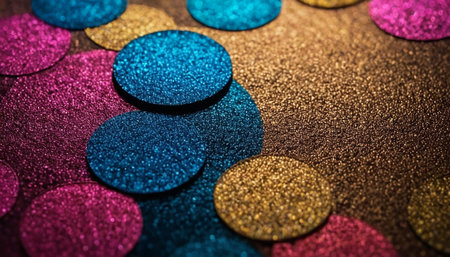 Colorful glitter confetti on a black background. Selective focus.の素材