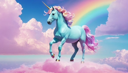 Unicorn with rainbow and clouds in the sky. 3d renderの素材