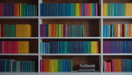 Bookshelves with colorful books on a brown background. Back to school.の素材