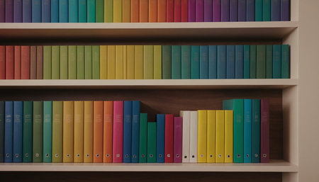 Row of colorful books on the bookshelf, education concept.の素材