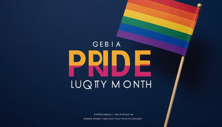 LGBTQ pride month concept. Rainbow flag on dark blue background.の素材