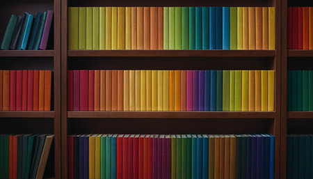 Colorful books on a bookshelf in a bookstore or libraryの素材