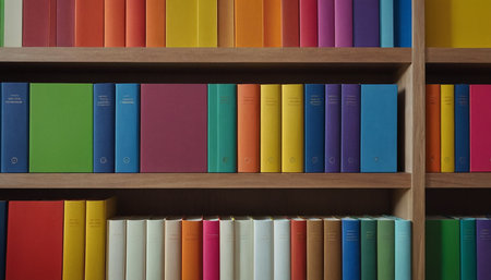 Bookshelf with colorful books, close-up. Education backgroundの素材