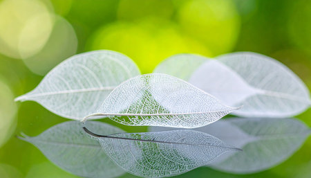 Close up of white leaf on green bokeh nature background.の素材